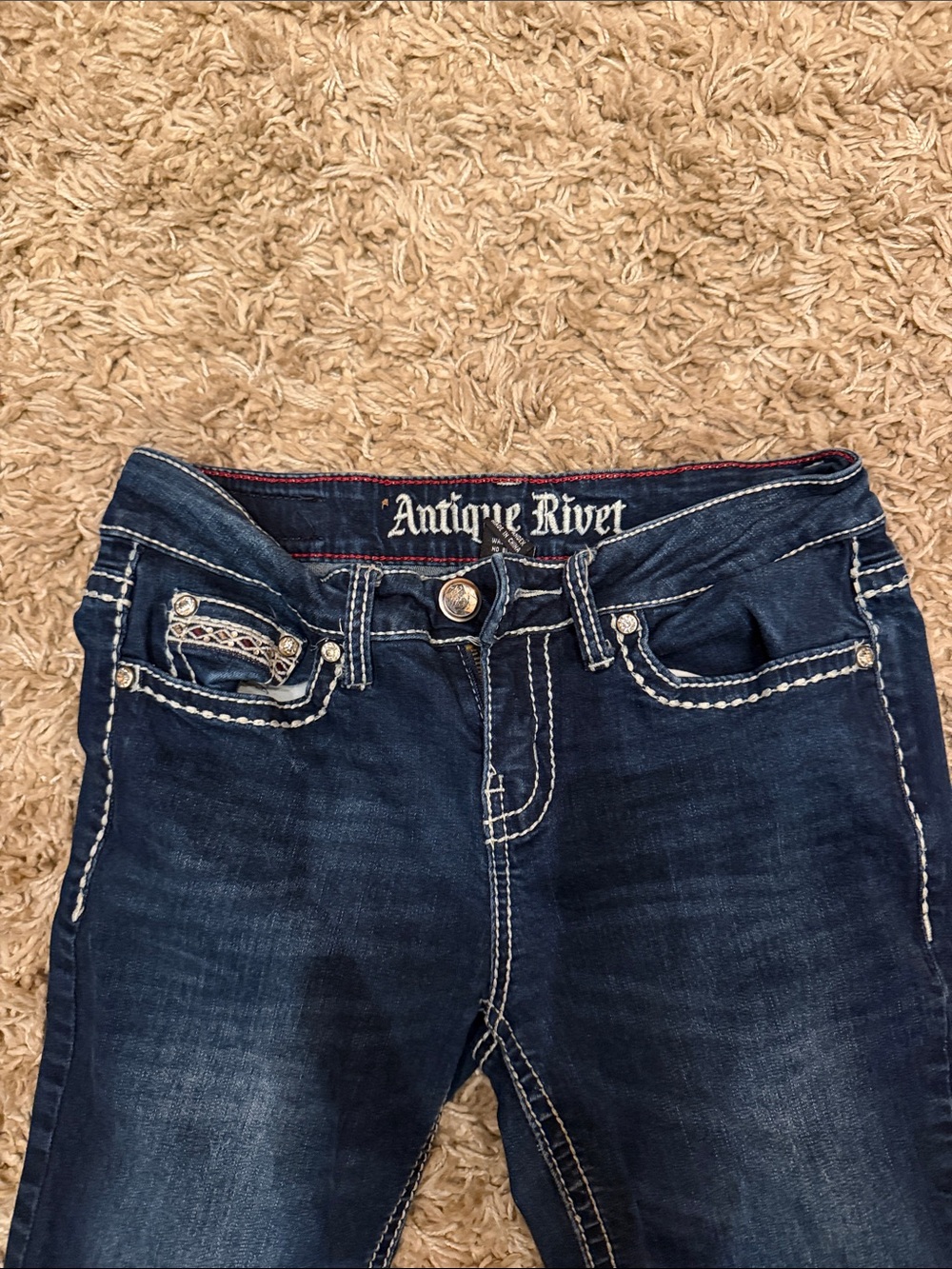 Antique Rivet Dark Indigo High-Rise Slim Jeans with White Contrast Stitching